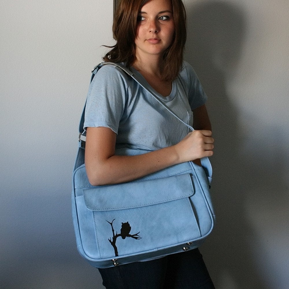 UPCYCLED Powder Blue VINTAGE Messenger Bag with Black Owl in a Tree LUGGAGE