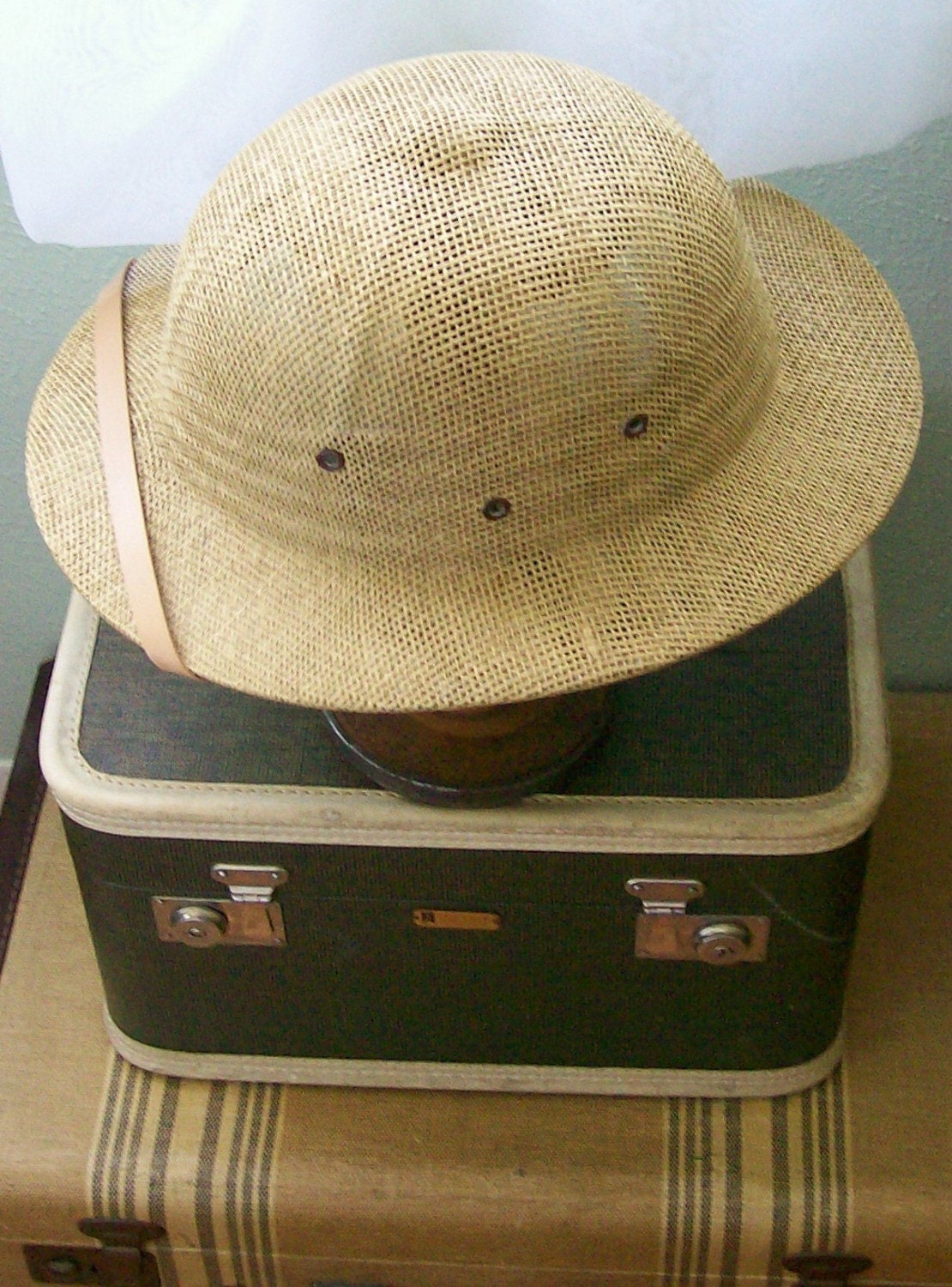 Vintage Safari Pith Helmet Woven and Leather