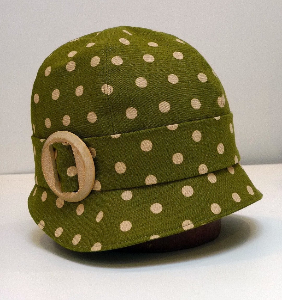 Cloche Hat - Olive Polka Dot Linen with Vintage Wooden Buckle - Made to Order