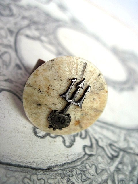 Trident. Three Teeth. Antique Pin and Bone Ring.