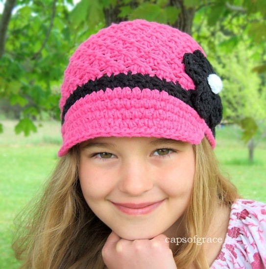 5T- Preteen Daisy Visor Hat - hot pink, black, white, natural cotton