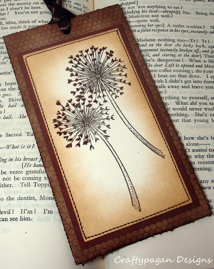 Elegant Dandelion Bookmark Double Sided Vintage Style-Stamped and Stitched