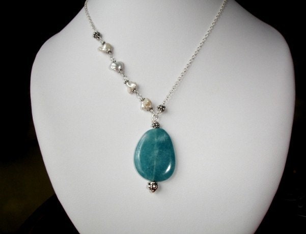 Genuine Amazonite and Keishi Pearl with Bali Beads necklace - A tiny bit of Sky