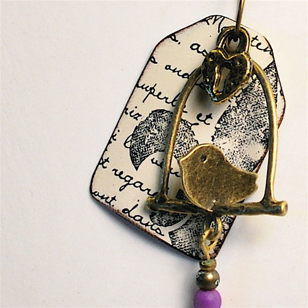 Recycled Jewelry Brass Bird on a Swing Charm Necklace
