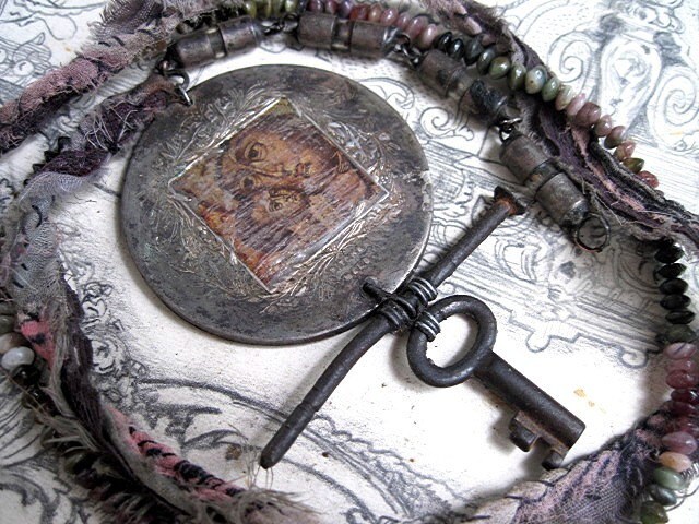 Deliverance.  Antique Mary and Child Assemblage with Fuses, Textile, Tourmaline.