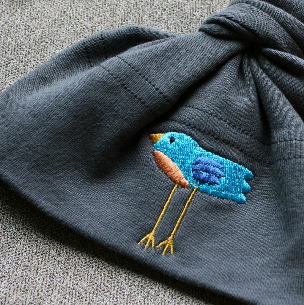 Baby Knot Hat - American Apparel Asphalt Grey with Tweet Bird Embroidery