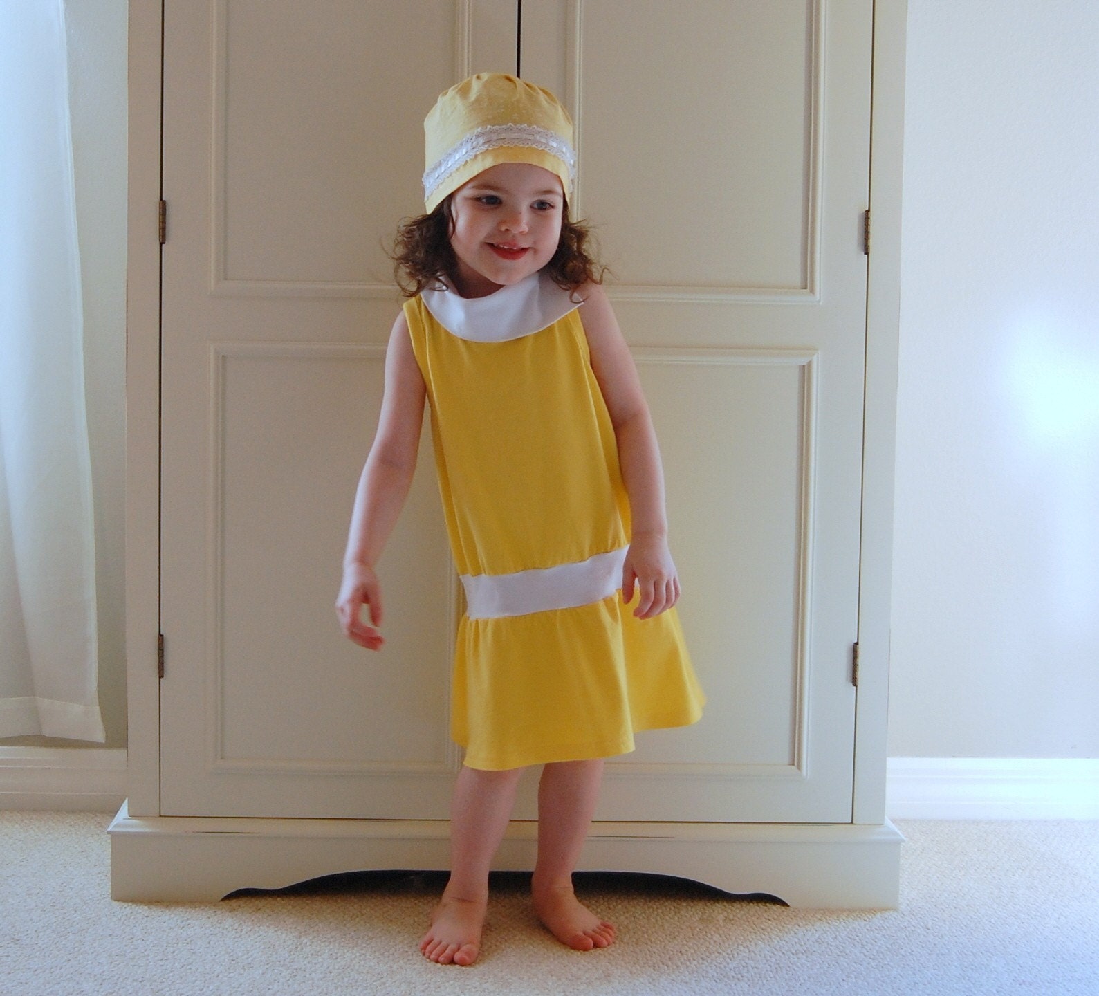 Sunny yellow and white drop waist stretch jersey knit dress (sizes 12m, 18m, 2T, 3T, 4T, 5T, 6)