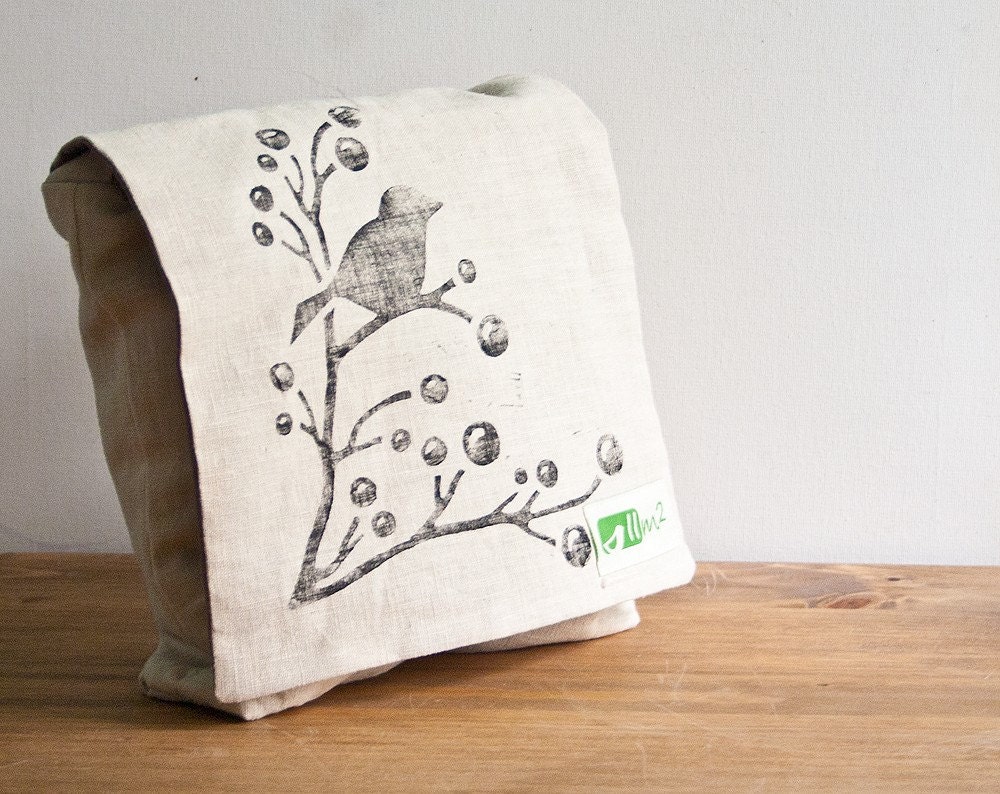 Messenger bag - Organic linen - Bird on branch