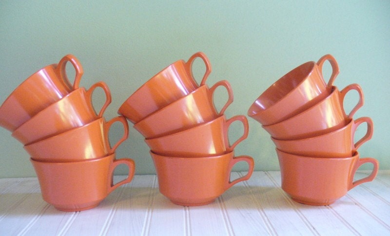 Vintage Set of Twelve Orange Melmac--Melamine--Plastic Teacups--By Allied Chemical