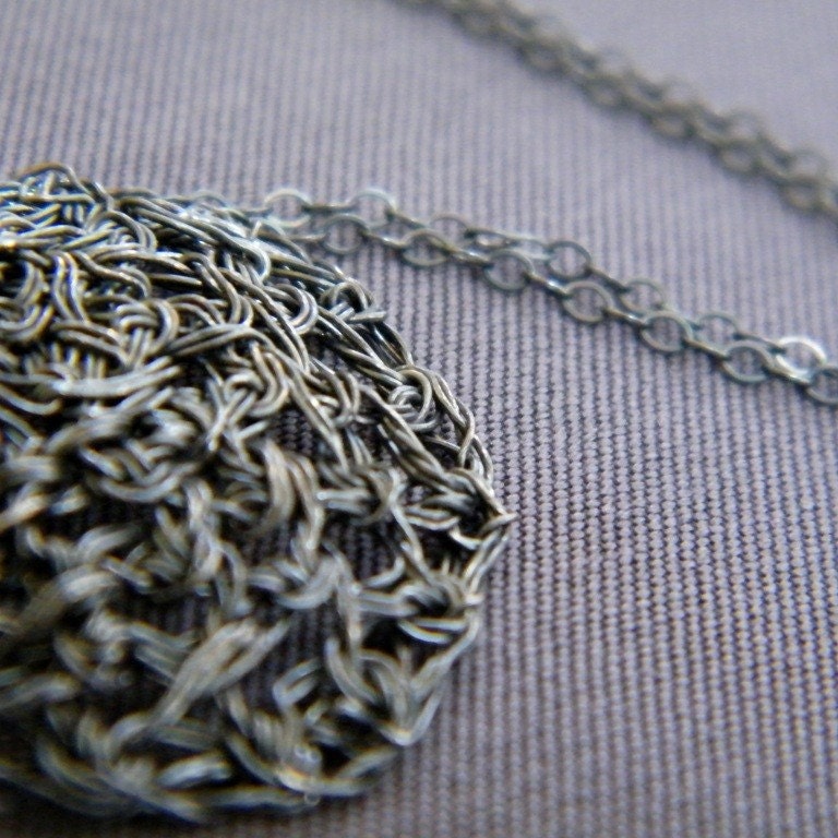 Round Lace Necklace, Crochet Oxidized Sterling Silver