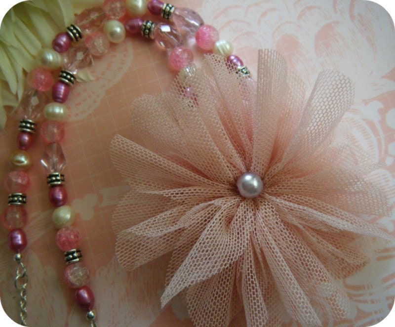 Party Girl - OOAK Pink Beaded Whimsical Tulle Brooch Vintage Style Necklace