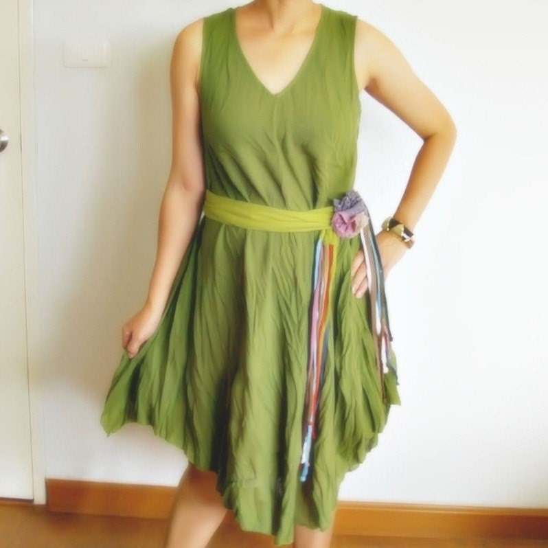 Celery green Cotton Mini Dress with Scarf or Belt
