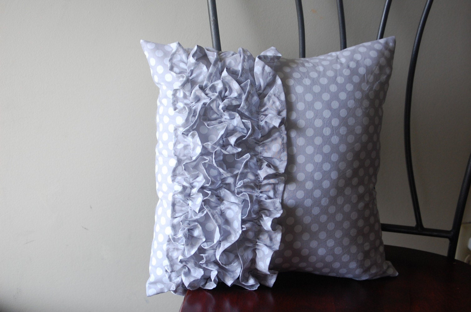 Side Ruffles Pillow in Gray/White Polkadot Cotton
