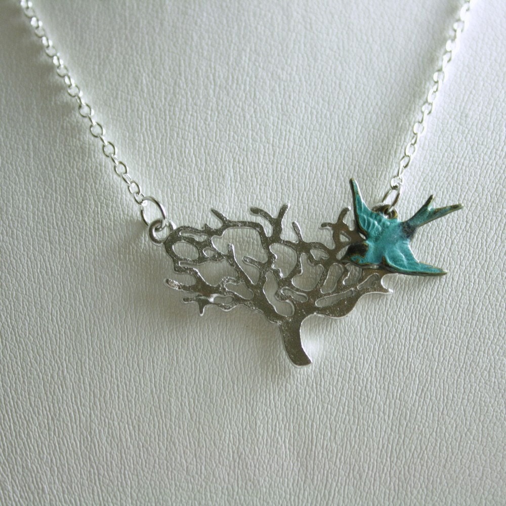 New Home- Mod Bird and Branch necklace in Silver