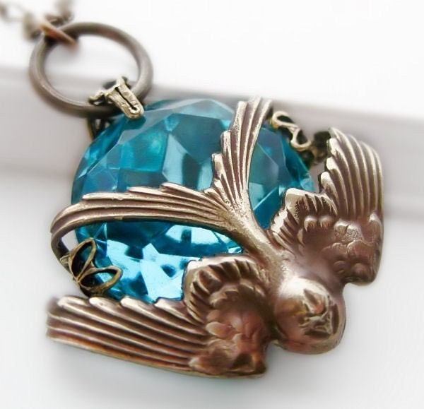Heaven on my Wings Filigree Bird Necklace Art Deco Vintage Filigree Blue Design
