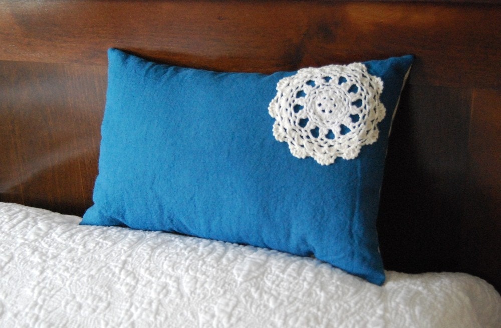 Small dark blue hemp and doily pillow ticking kapok cushion travel size
