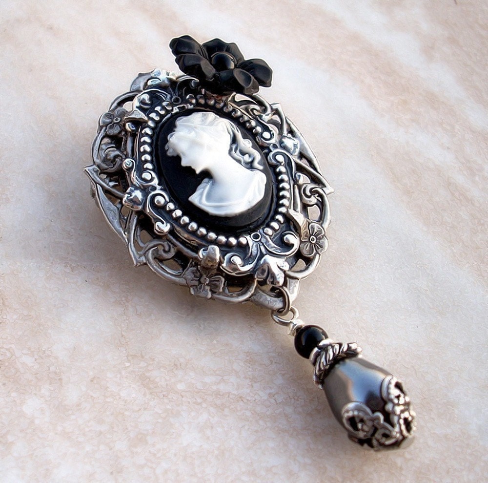 Victorian Cameo Brooch - Black flower, Swarovski pearl, Silver Filigree - Gothic Lolita