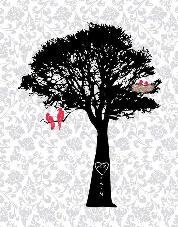 Housewarming Gift with Love birds in the tree with babies, Personalized family tree print with your initials and your choice of colors