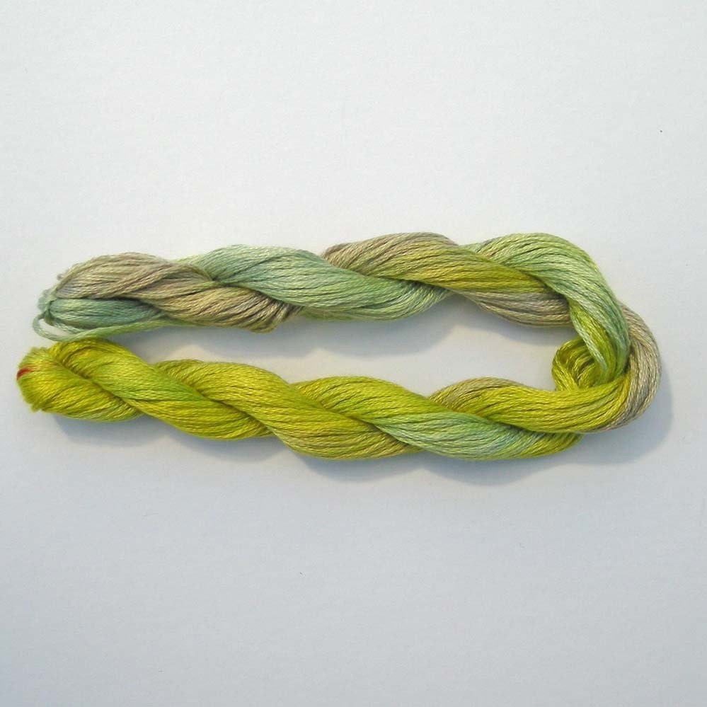 Hand dyed stranded cotton embroidery floss, 20m skein - shades of bright lemon,silver grey and pale sage green