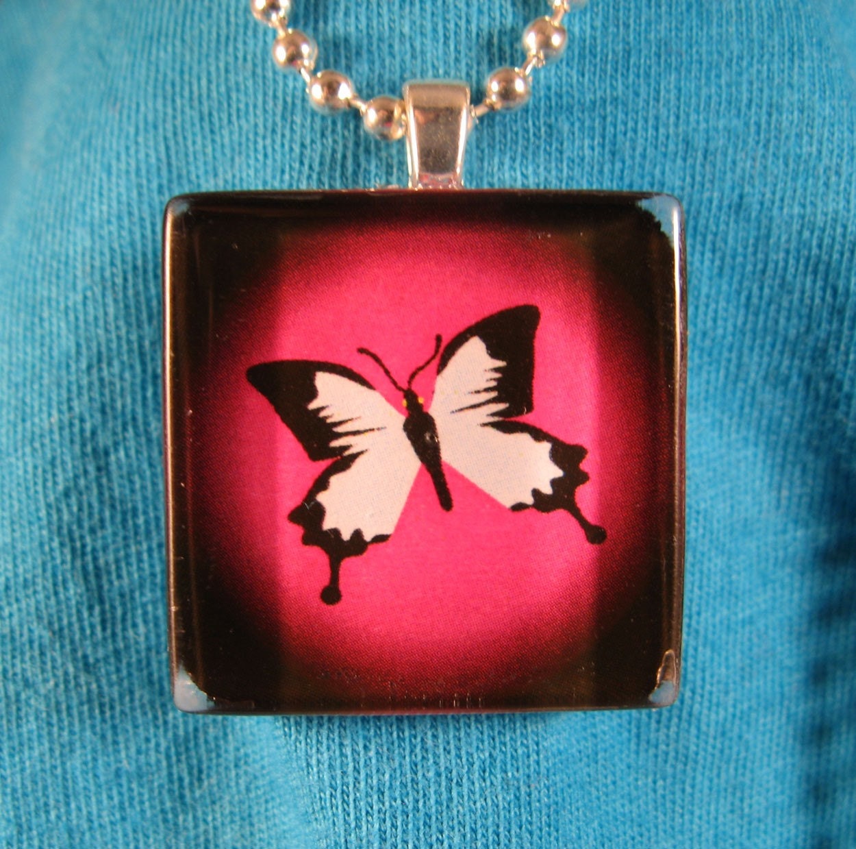 Pink butterfly glass pendant necklace graphic art