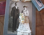 PARIS BRIDE Mixed Media Collage - Fancy Antique Lace Gown and Millinery Bouquet
