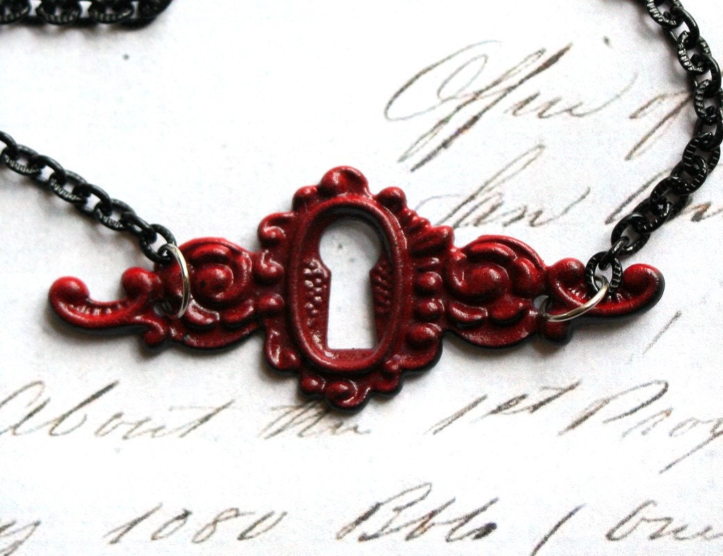 Vampire Kiss Necklace - Blood Red Enamel Keyhole Neo Victorian Black Gothic Lolita Romantic