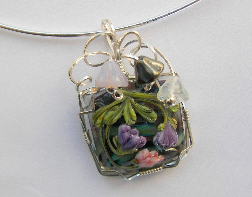 Argentium Silver Wrapped Lampwork Bead