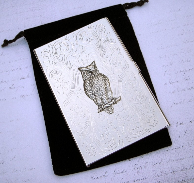 Owl Business Card Holder - Silver Plated Metal - Slim Vintage Style Victorian Design - Exclusive Original Design by Cosmic Firelfy