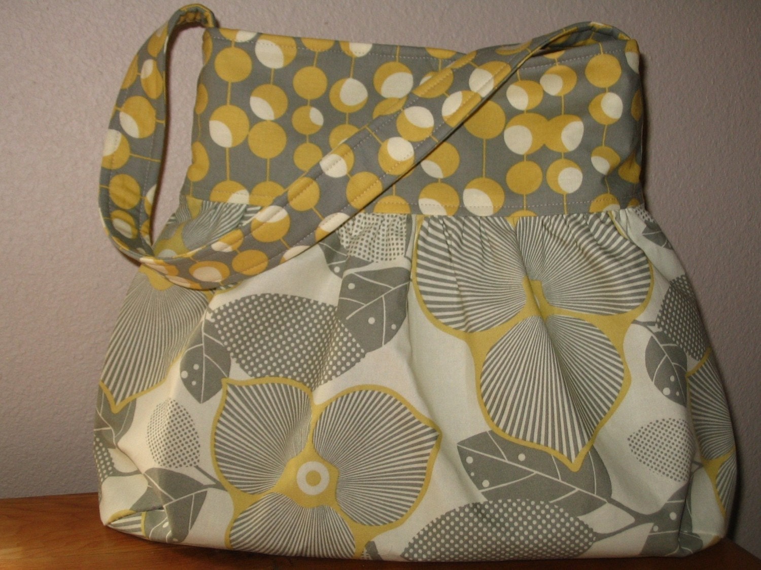 Amy Butler's Optic Blossom and Martini Dots in Mustard Gathered Shoulder Boutique Bag