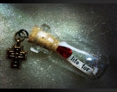 His Life For Me -- Tiny Treasure Bottle Necklace with Cross, Pearl and Vintage Christian Music Script
