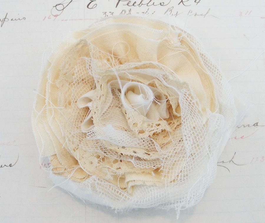 Large Tattered Cream and Lace Vintage Shabby Rosette Flower