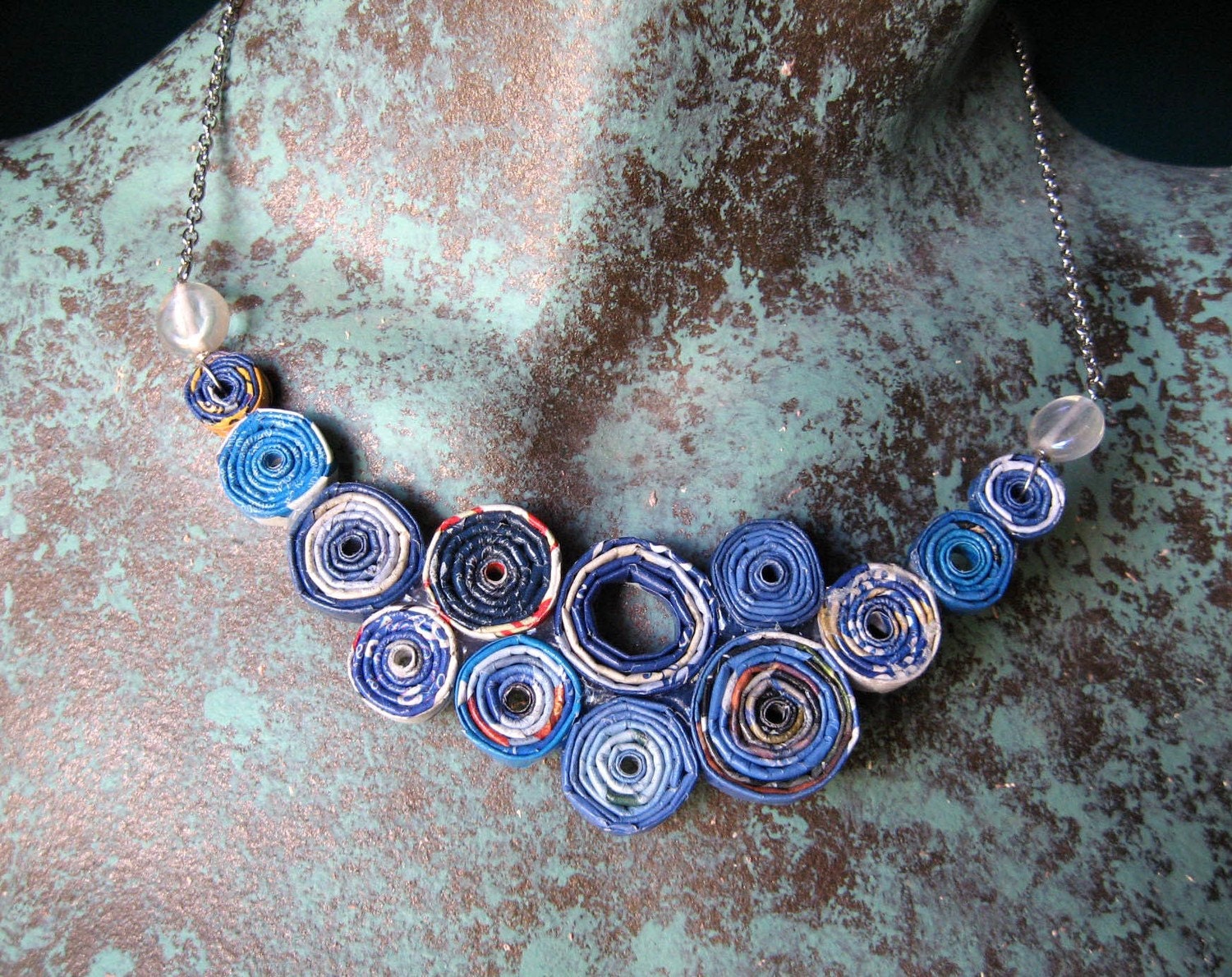 Rolled Recycled Paper Bead Bib Necklace - Blue