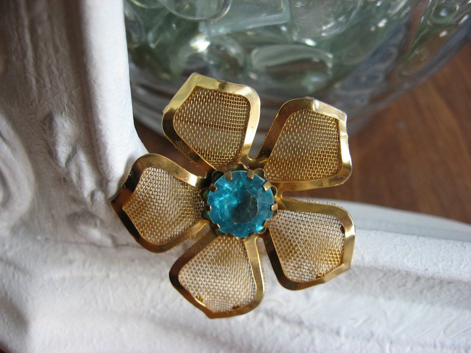 Hollywood Luxe Flower and aqua mesh cocktail ring