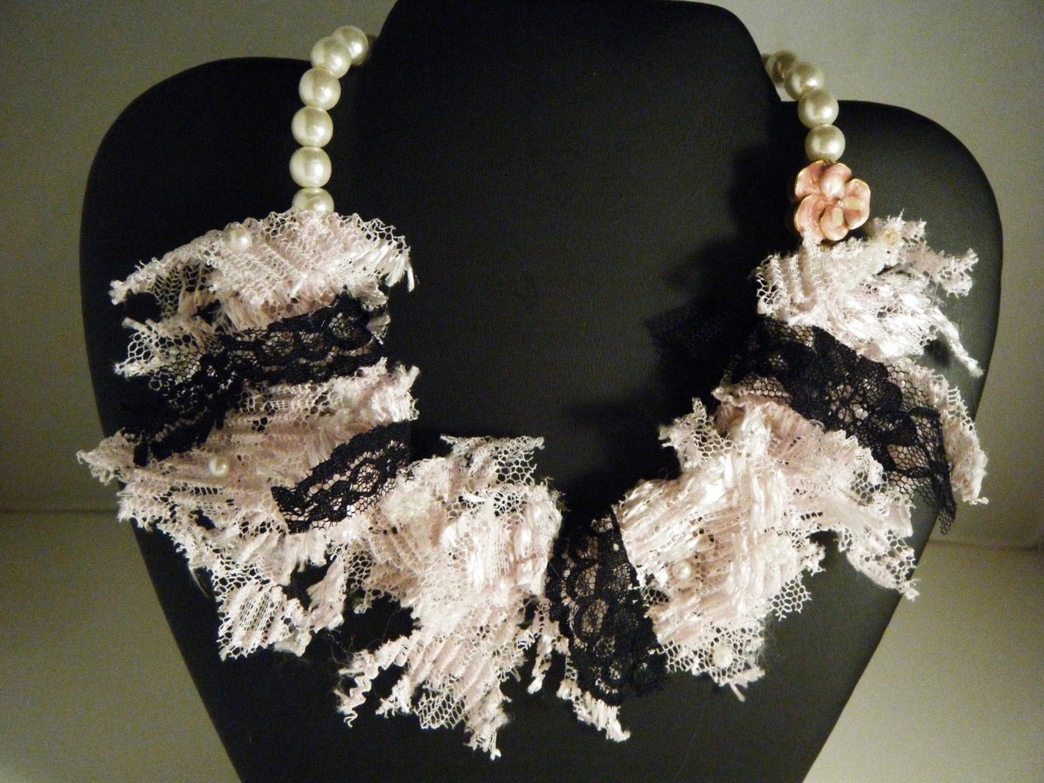 Repurposed Vintage Pearl and Lace Bib Necklace .... Tattered Showstopper
