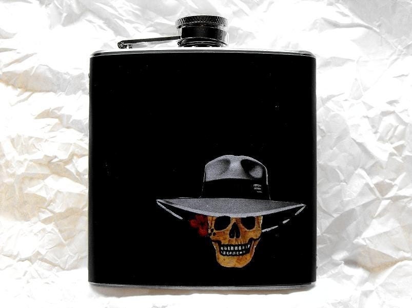 DIA DE LOS MUERTOS DECORATED STAINLESS STEEL FLASK - 6oz. DAY OF THE DEAD