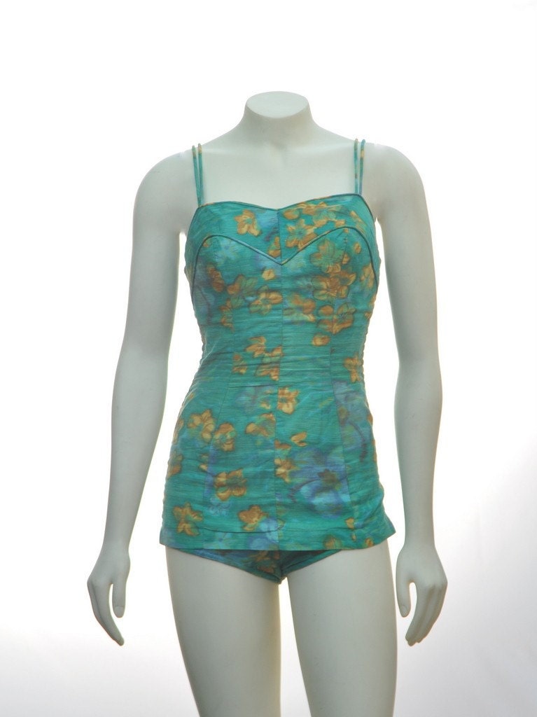 1950's AUTHENTIC VINTAGE  Amazing Shelf Bust Turquiose and Yellow Floral Bathing Suit. For Rockabilly, Bombshell, and Pin-up Women