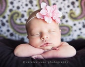 Pretty in Pink Silk Flower - Heart Pearl in the middle - Delicate white elastic headband - Perfect Photography prop