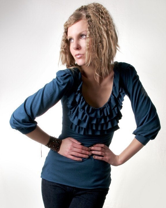 Organic Bamboo Fitted 3/4 length sleeve shirt, with tiered ruffles, and a scoop neck