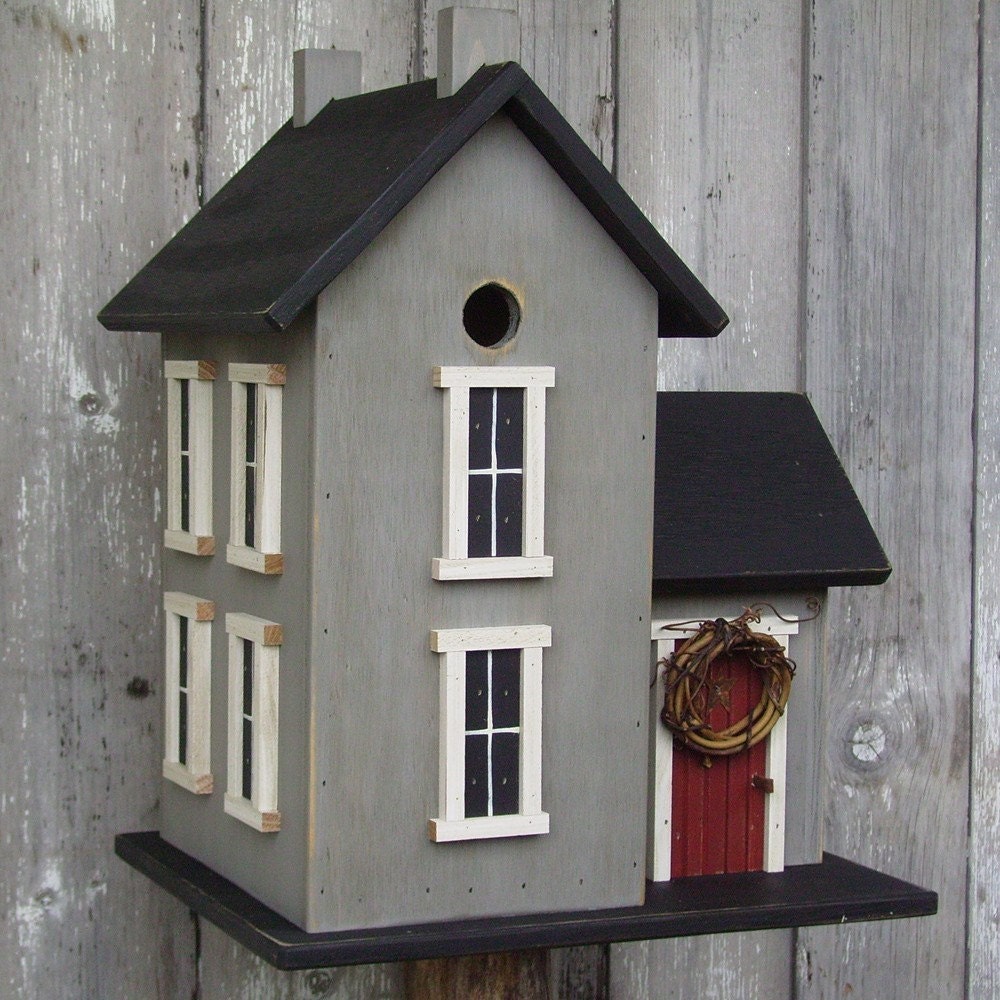 New 2010 - Birdhouse Primitive Country Farm House Black and Cape Cod Gray 3 unit