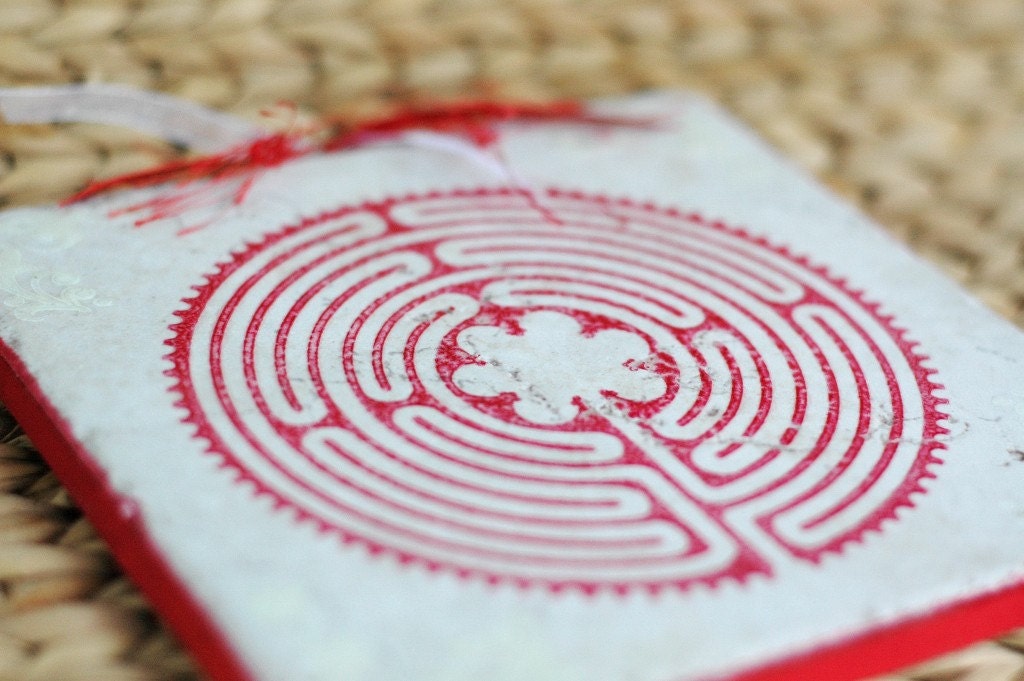 OOAK Embossed Ceramic Labyrinth Tile and Stand, Red