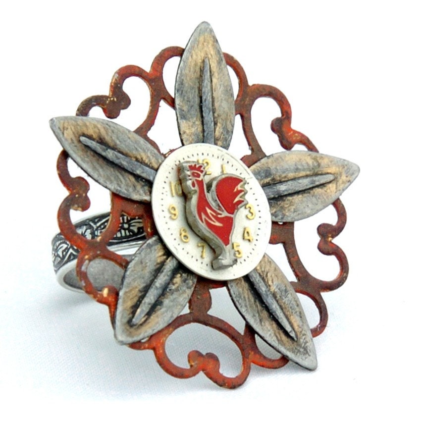 statement ring with bright red rooster on vintage watch face and silver filigree All Recycled and Adjustable