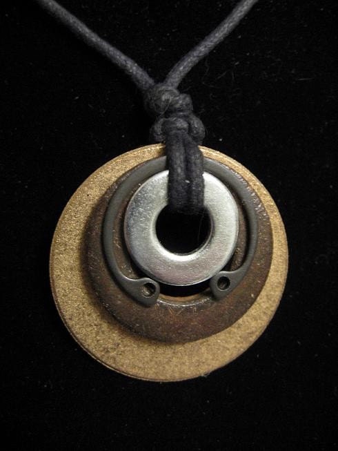 urban artifact necklace with bronze washer, rusty washer, small shiny washer, retaining ring