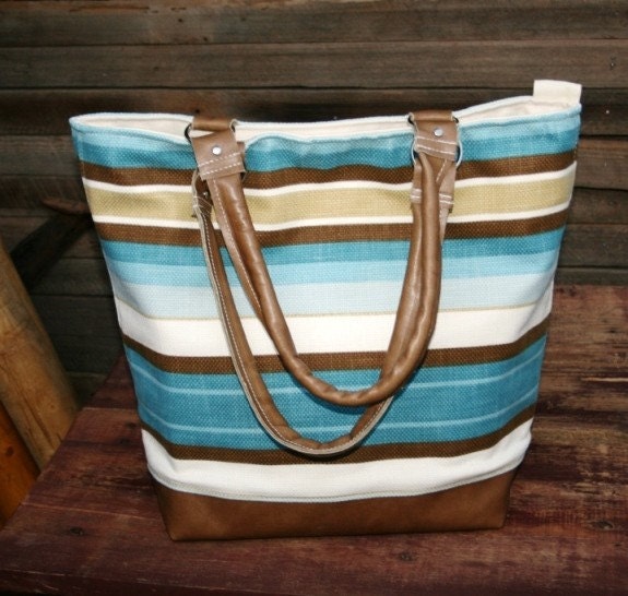 Leather and Cotton Canvas Tote Blue Tan and Creme Stripes