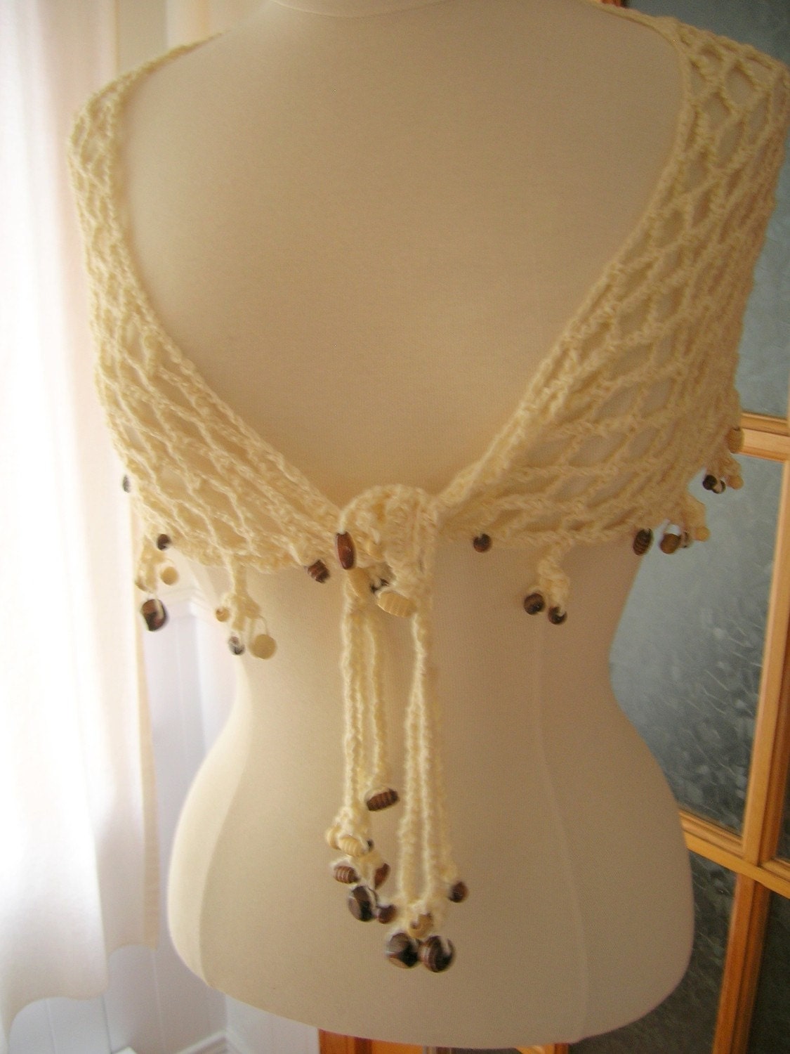 Vanilla Wool Scarf with Wood Beads