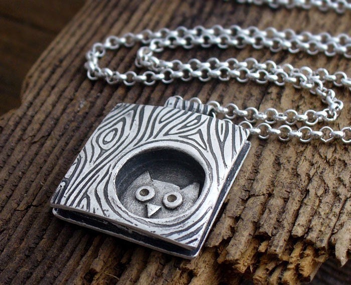 Whimsical  owl in a tree necklace