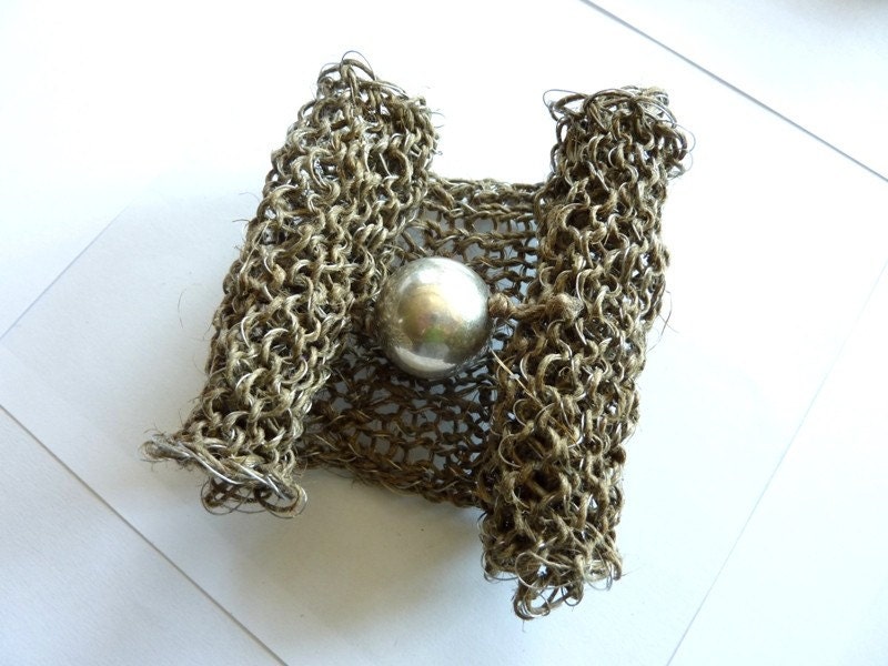 Crochet natural linen thread and silver wire with sivler touch Bracelet