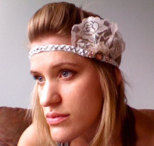 Vintage Cabochon and Lace White Leather Headband
