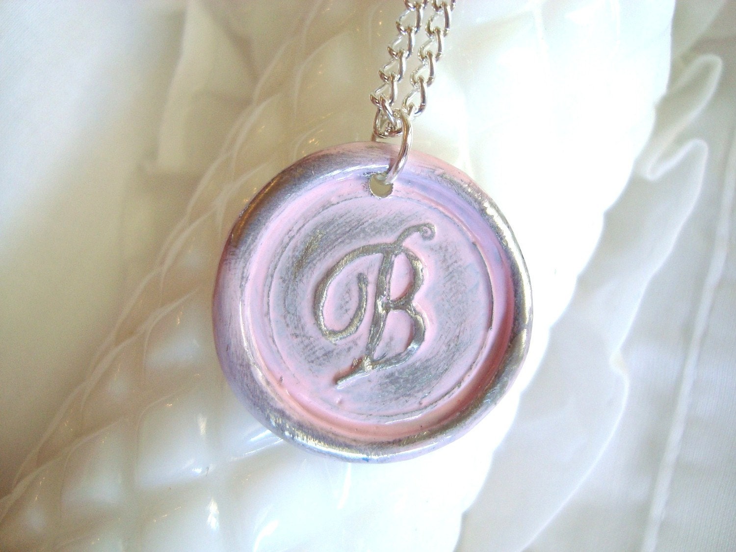 Pale Pink Wax Seal Pendant Necklace - Monogram - A B C D E F G H I J K L M N O P R S T V W Z - perfect for bridesmaids - stamped gift