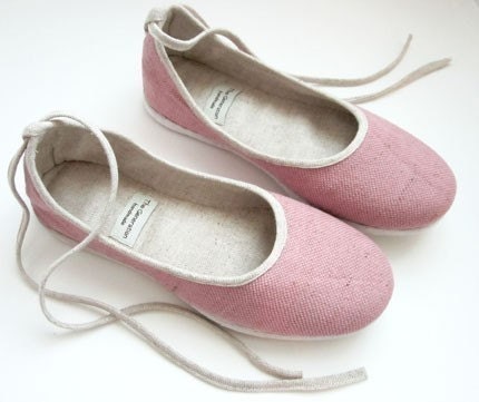 Handmade Pink Natural Linen Vegan Ballet Flats - 901D