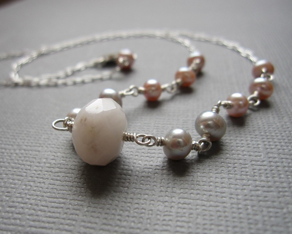 Pink Opal Gray Pink Pearl Sterling Silver Necklace